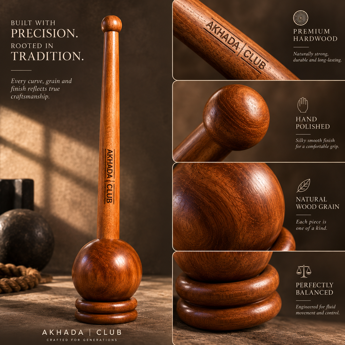 Old Sheesham Wooden Mace (Mudgar) | Home Gym Equipment