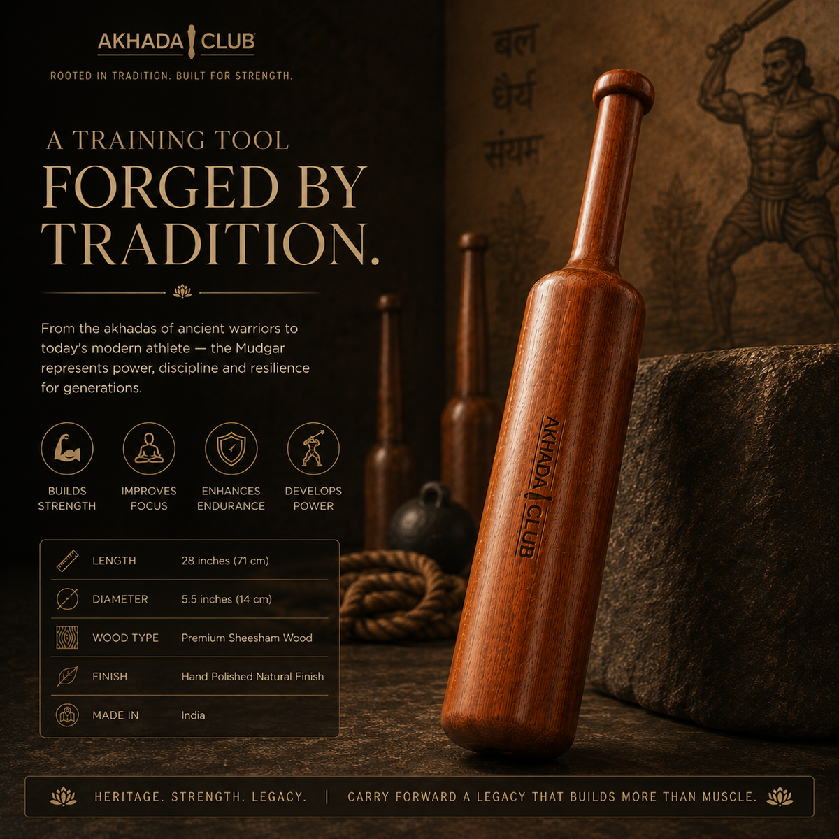 Old Sheesham Wooden Mahabali Mudgal (Mudgar) | Home Gym Equipment
